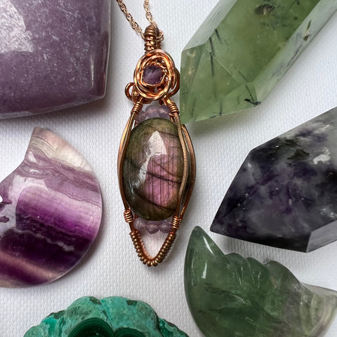Purple Labradorite and Amethyst Wire-Wrapped Pendant - Ready to Ship - Simply Affinity