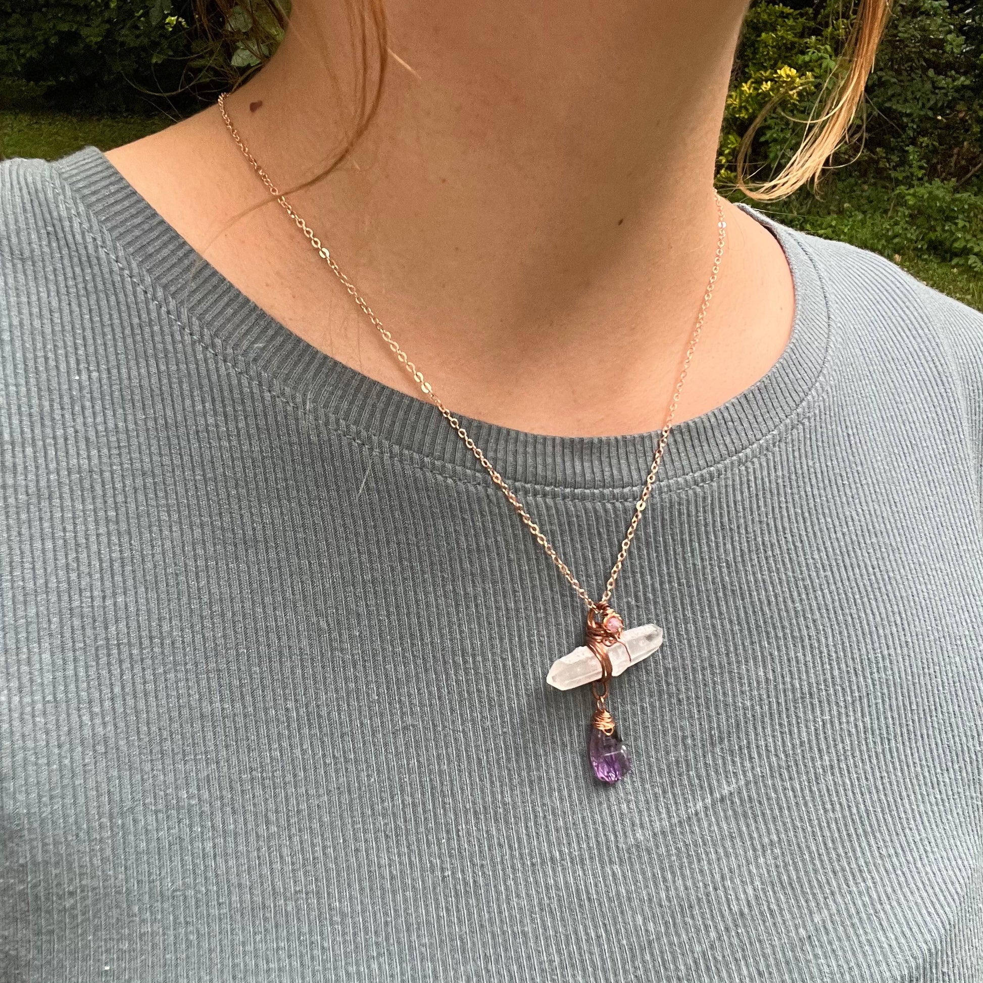 Handmade Wire-Wrapped Double Terminated Quartz & Amethyst Pendant - Simply Affinity