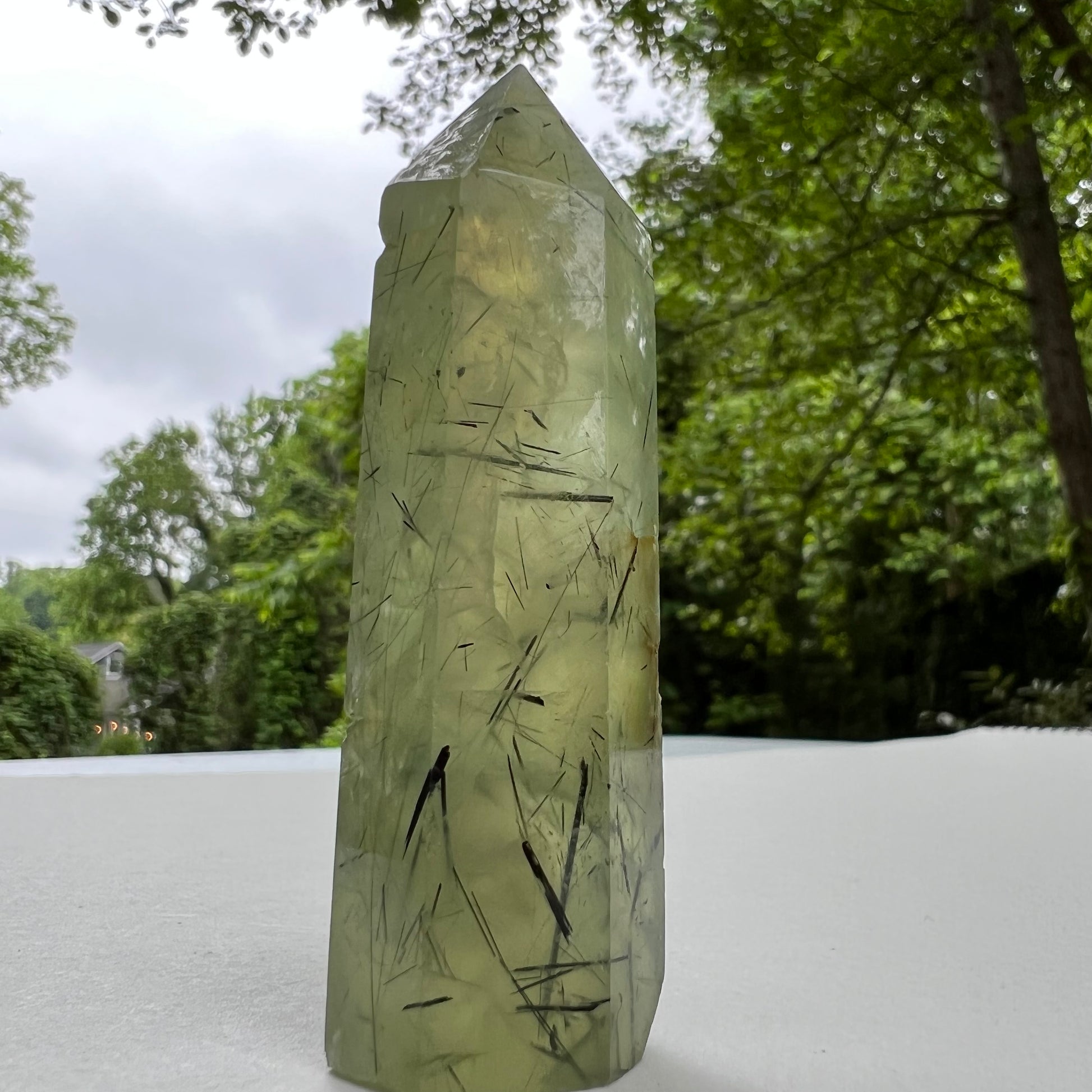 Polished Prehnite Point with Epidote Inclusions (#1) - Simply Affinity