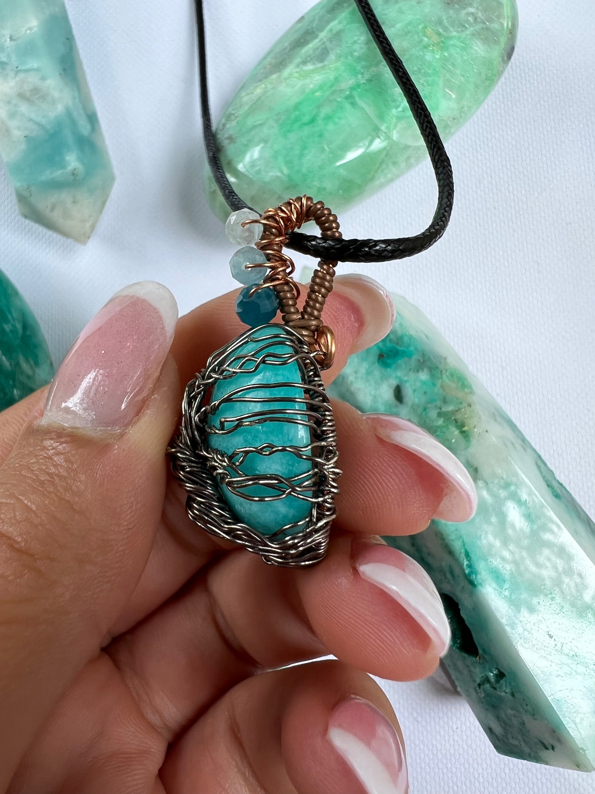 Handmade Tree of Life Amazonite Pendant with Aquamarine and Apatite - Simply Affinity
